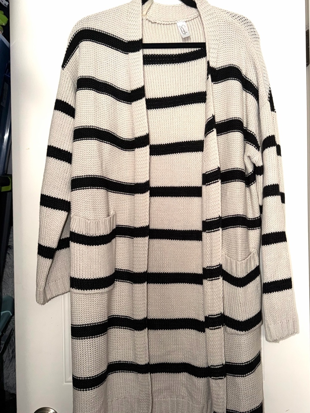 NWOT Beige and Black Striped Open-Front Long Cardigan Sweater Sz XL xxl